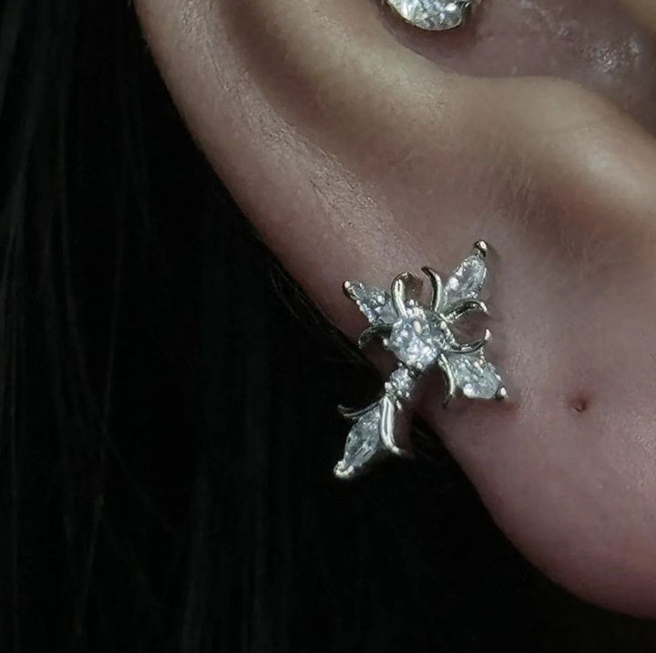 Zircon-Studded Cross Screw Barbell Earrings – Elegant Couple Ear Studs
