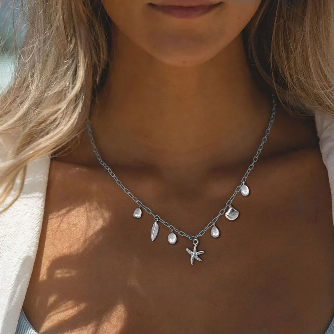 Beach Vacation Starfish Shell Feather Pearl Necklace, Simple Multi-Charm Ocean Style Clavicle Chain for Women