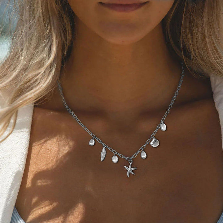Beach Vacation Starfish Shell Feather Pearl Necklace, Simple Multi-Charm Ocean Style Clavicle Chain for Women