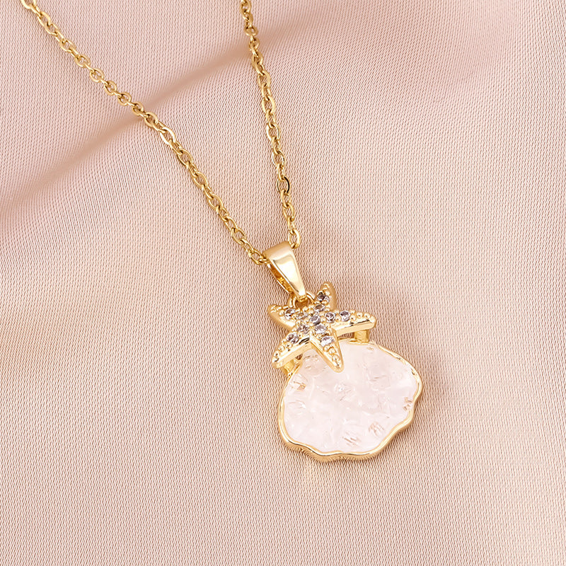 Gold-Plated Copper Starfish & Shell Pendant Necklace with Micro Zircon — Minimalist Chic