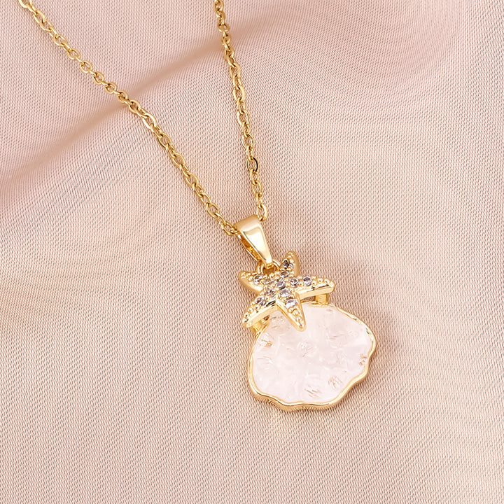 Gold-Plated Copper Starfish & Shell Pendant Necklace with Micro Zircon — Minimalist Chic
