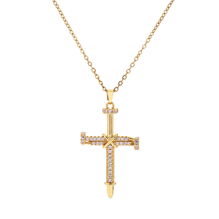 Nail‑Shaped Full‑Paved Diamond Cross Necklace, S925 Silver Two‑Tone Faith Pendant Necklace