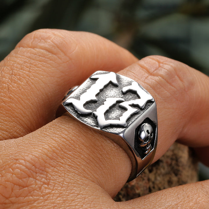 Vintage Number 13 Skull Signet Ring, S925 Silver Antiqued Punk Biker Statement Band For Men