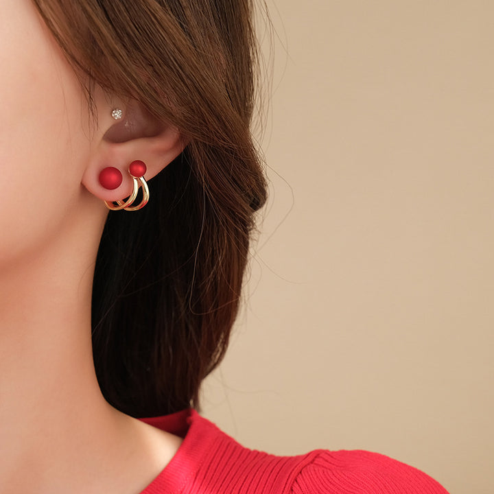S925 Silver Double Bead Double Hoop Stud Earrings, Minimalist Luxury Geometric Earrings with Big & Small Round Beads, White & Red Bead Two Color Options