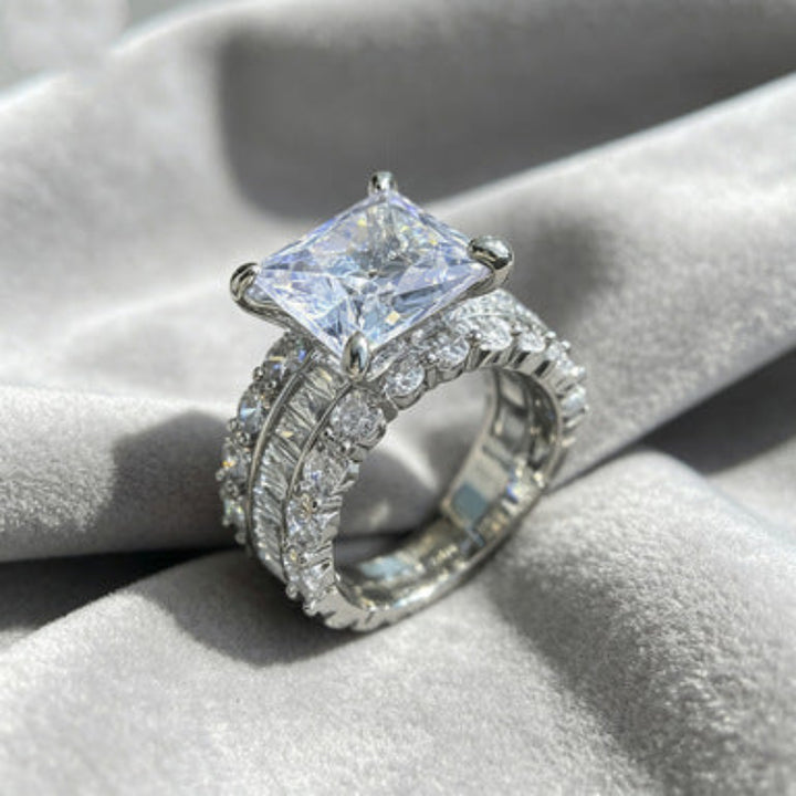 Princess‑Cut Centre Stone Triple‑Row Paved Ring For Women