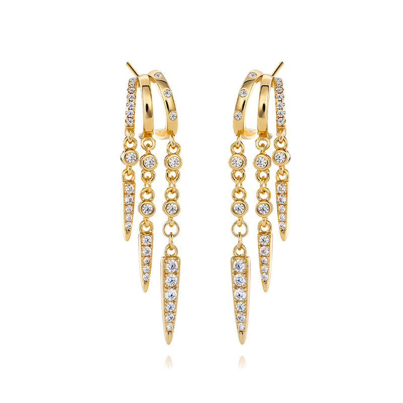 S925 Sterling Silver 18K Gold-Plated Irregular Tassel Zircon Hoop Earrings