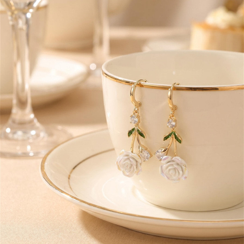 Iridescent White Rose Drop Huggie Earrings, French Fresh Green Leaf Diamond S925 Silver Long Earrings