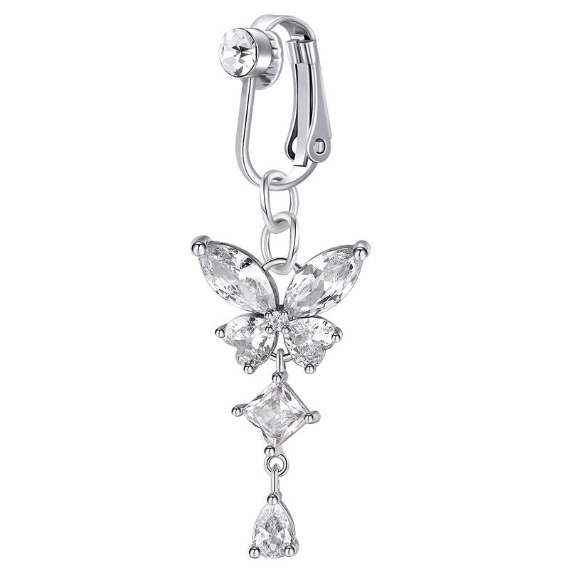 No-Piercing Clip-On Belly Ring, Gold & Silver Butterfly Heart Dangle Non-Pierced Navel Jewelry