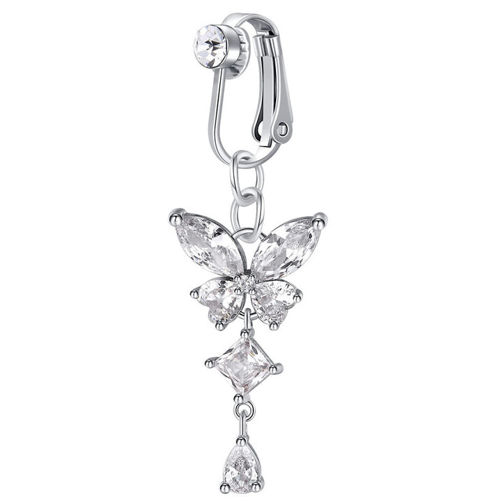 No-Piercing Clip-On Belly Ring, Gold & Silver Butterfly Heart Dangle Non-Pierced Navel Jewelry
