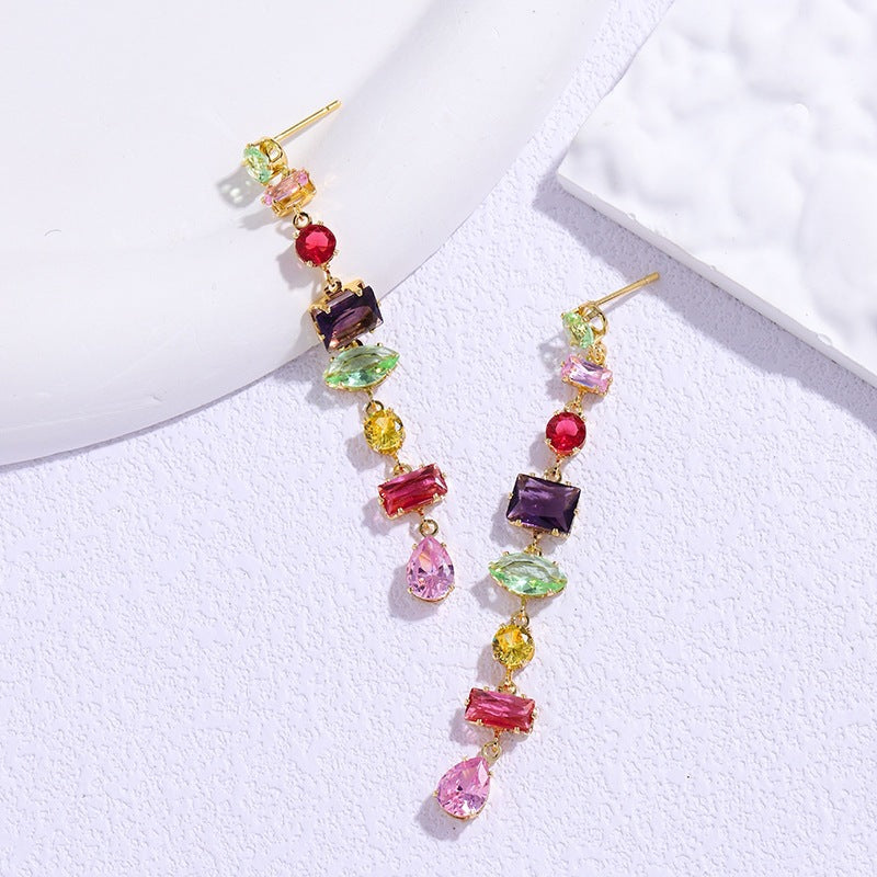 Vintage Rainbow Multi-Shape Diamond Long Drop Earrings, Gold & Silver Luxury Face-Slimming Stud Earrings for Women