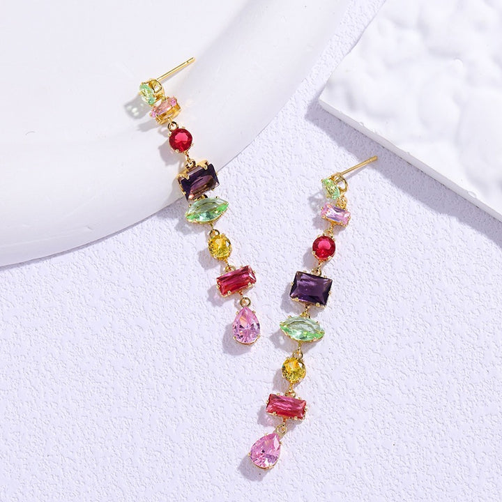 Vintage Rainbow Multi-Shape Diamond Long Drop Earrings, Gold & Silver Luxury Face-Slimming Stud Earrings for Women