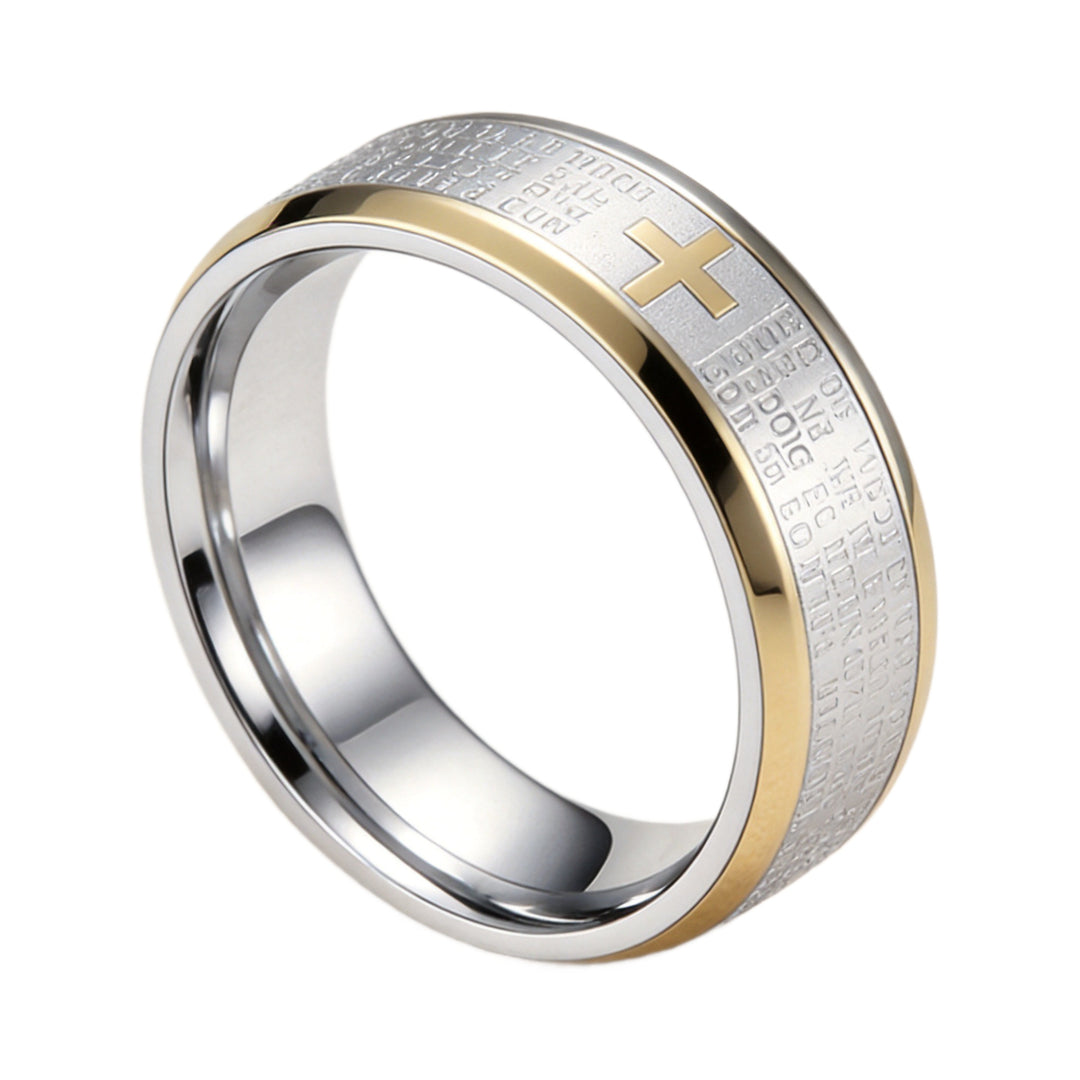 Two-Tone Lord's Prayer Cross Ring, Engraved Scripture Titanium Steel Religious Band For Men