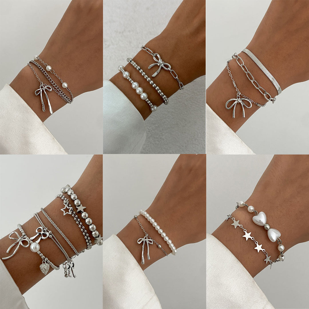 Layered Style Bow Pendant Bracelet Set
