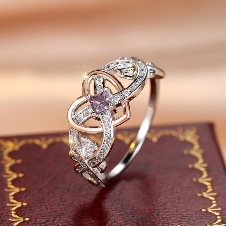 Two‑Tone Interlaced Heart Square Purple Diamond Ring