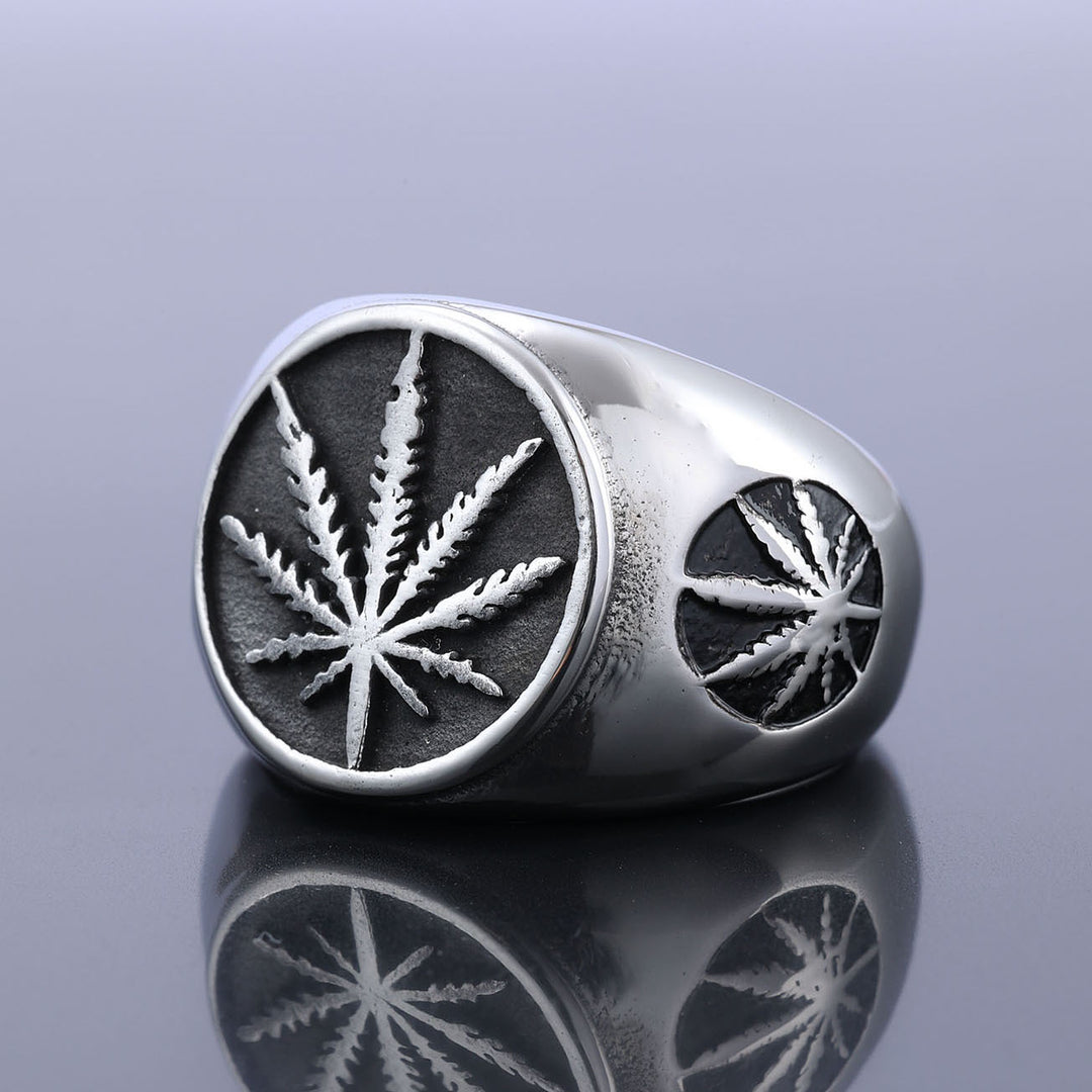 Vintage Maple Leaf Embossed Two-Tone Signet Ring, S925 Silver Gold & Silver Two Tone Street Wide Band For Men