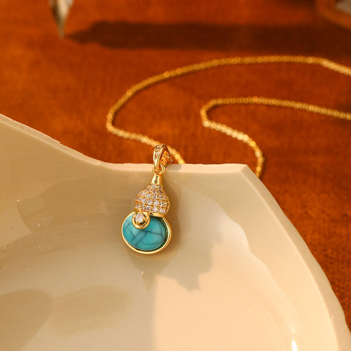S925 Silver Gourd Gemstone Necklace, Luxury Full Diamond Fu Lu Pendant Turquoise & Tiger Eye Gold Clavicle Chain