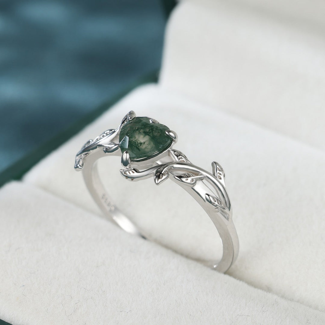 Vine Heart Moss Agate Ring, Silver Vintage Forest Style Heart Gemstone Band For Women