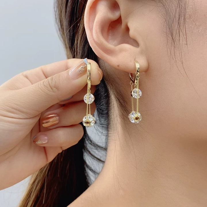 Double Layer Tassel Ball Diamond Huggie Earrings