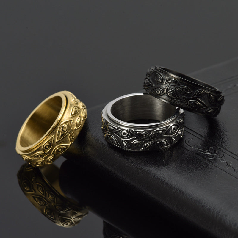 Evil Eye Embossed Rotatable Spinner Ring, Vintage All-Seeing Eye Titanium Steel Fidget Band Gold Silver Black Unisex Jewelry