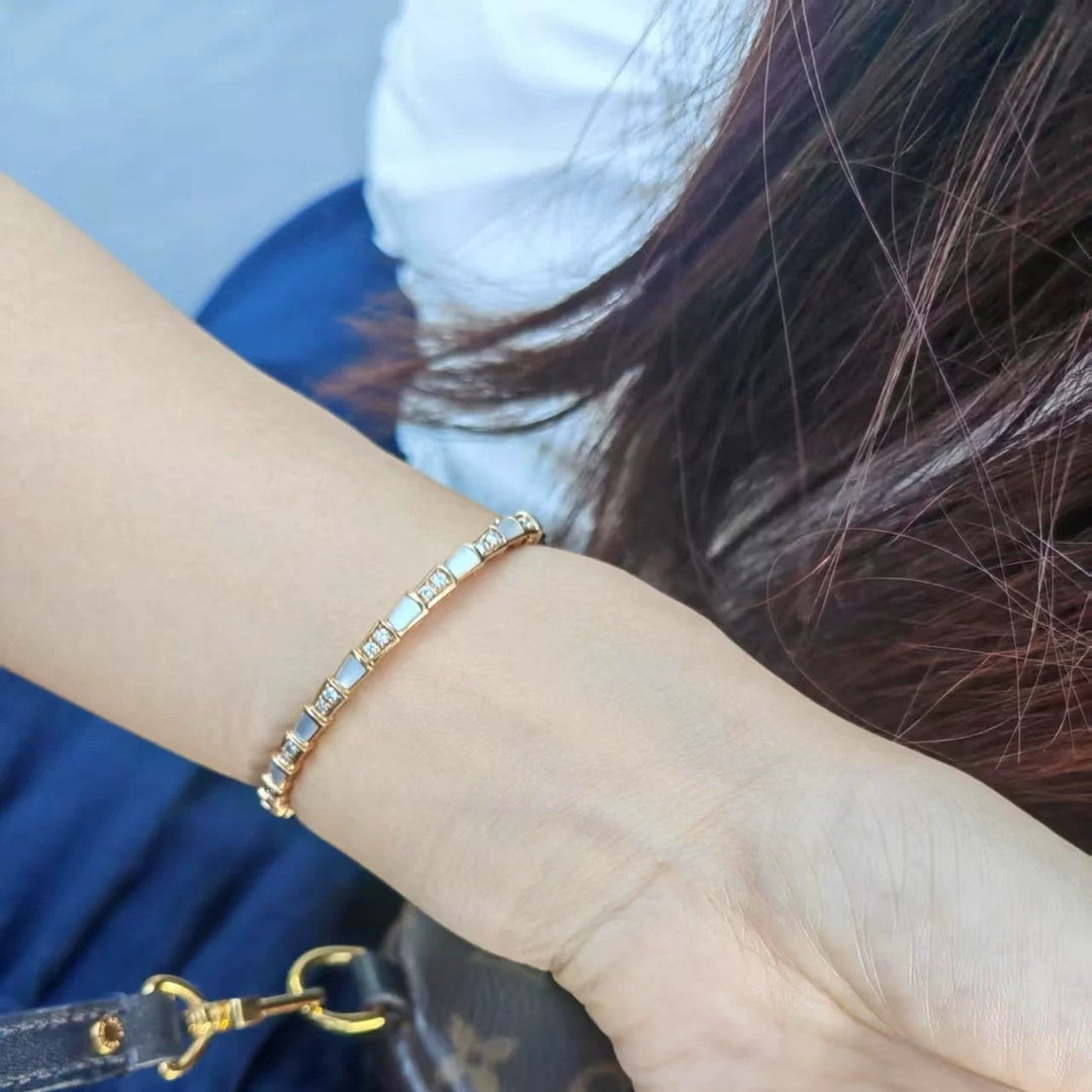 Snake Segment White Mother of Pearl Paved Crystal Thin Bangle, Gold Silver Rose Gold Stackable Luxury Bracelet