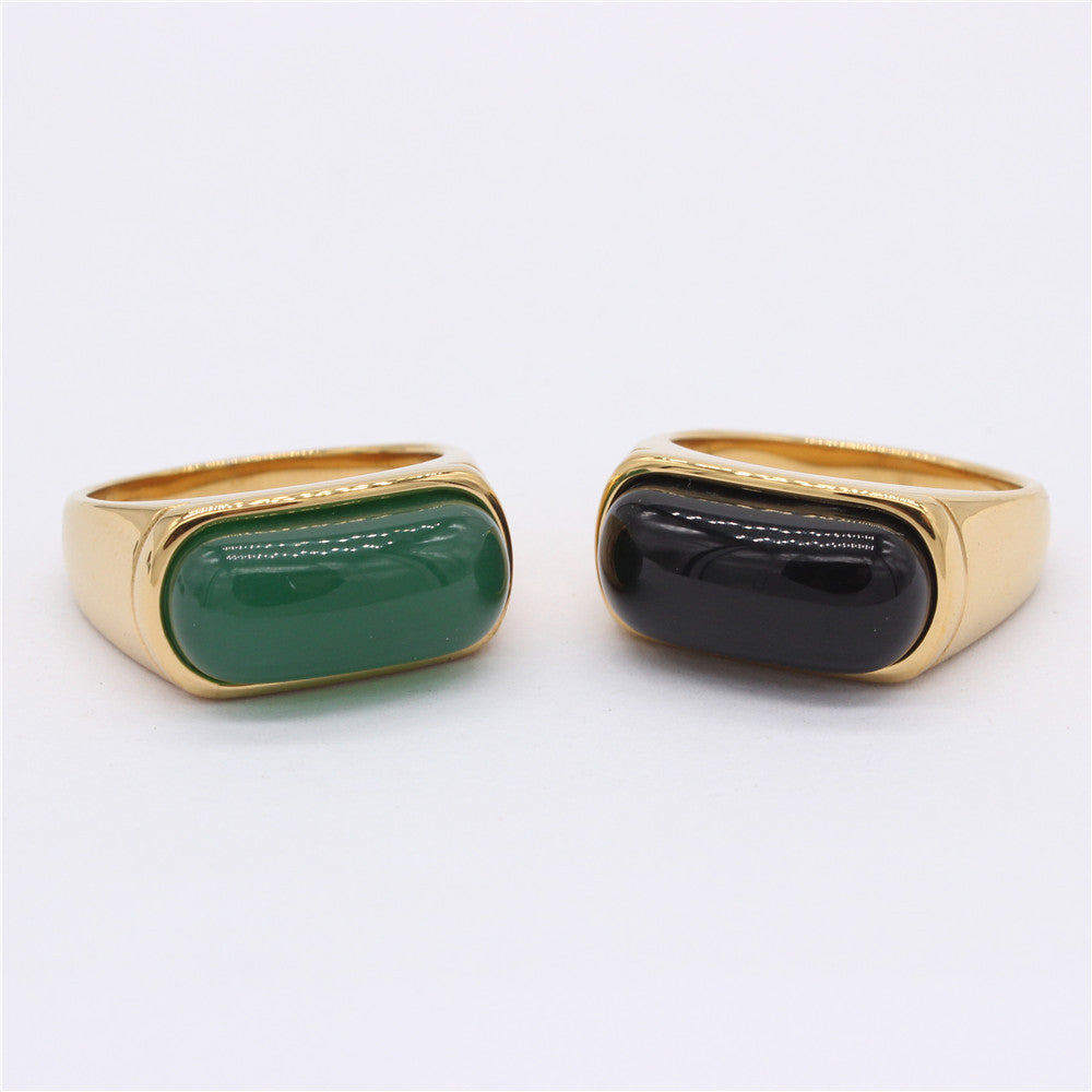 Rectangle Cabochon Chalcedony Bezel Ring, Gold Silver Minimal Plain Stone Unisex Band