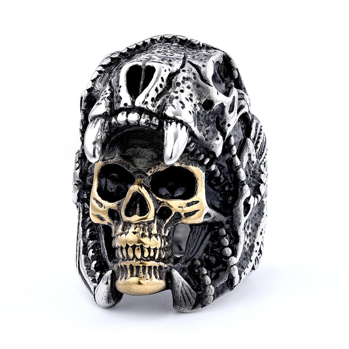 3D Beast Skull Wrapped Skeleton Wide Ring, S925 Silver Black / Antiqued Silver / Silver-Gold Two-Tone Heavy Dark Unisex Band
