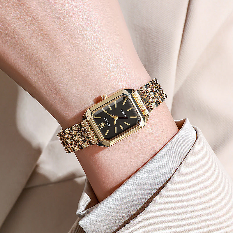Vintage Rectangular Steel Band Quartz Watch for Women, Multi-Dial Luxury Business Casual Wristwatch