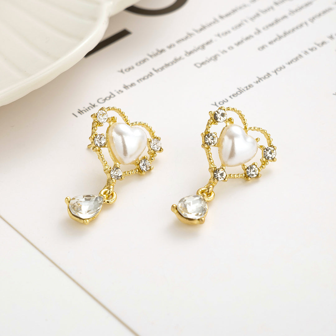 Hollow Heart Pearl Teardrop Diamond S925 Silver Stud Earrings, Vintage Sweet Heart Dangle Earrings
