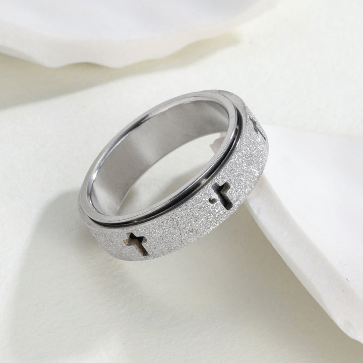 S925 Silver Matte Cross Spinner Ring, Two‑Tone Stress‑Relief Band for Men