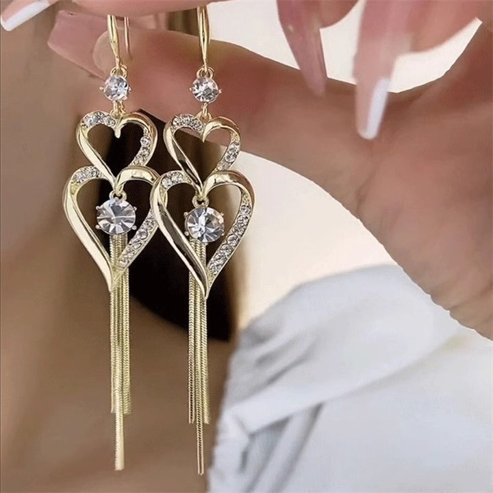 Double Heart Tassel Pavé Drop Earrings (Light Luxury Niche Long Earrings)