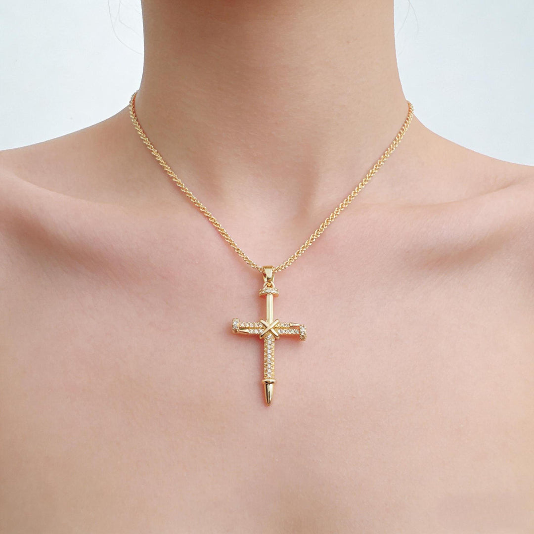 Nail‑Shaped Full‑Paved Diamond Cross Necklace, S925 Silver Two‑Tone Faith Pendant Necklace