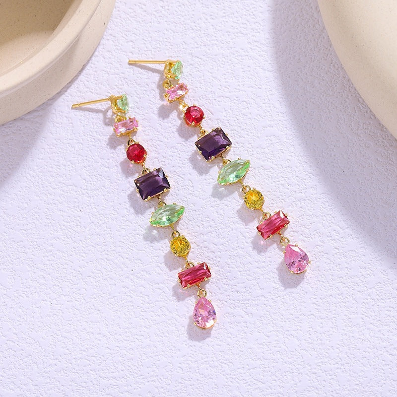 Vintage Rainbow Multi-Shape Diamond Long Drop Earrings, Gold & Silver Luxury Face-Slimming Stud Earrings for Women