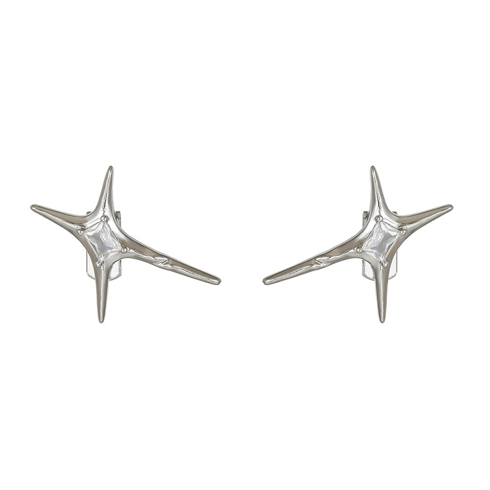 Niche Spiky Star Stud Earrings, Black & White Diamond Cool Silver Unisex Street Hip Hop Jewelry