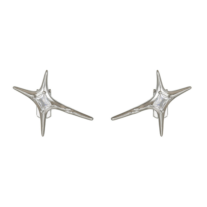 Niche Spiky Star Stud Earrings, Black & White Diamond Cool Silver Unisex Street Hip Hop Jewelry