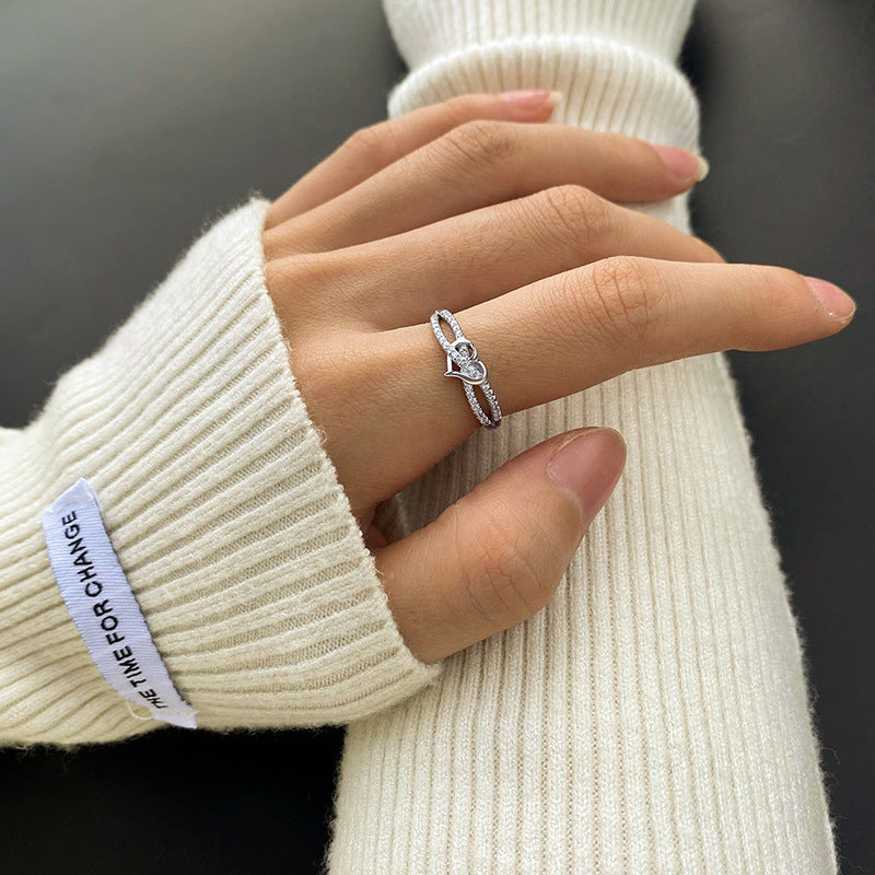 Intertwined Double Heart Pave Ring (Light Luxury Niche Romantic Band)