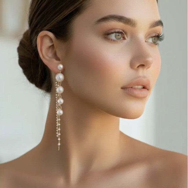 Graduated‑Pearl Long Tassel Drop Earrings, Silver & Gold Two‑Tone Options
