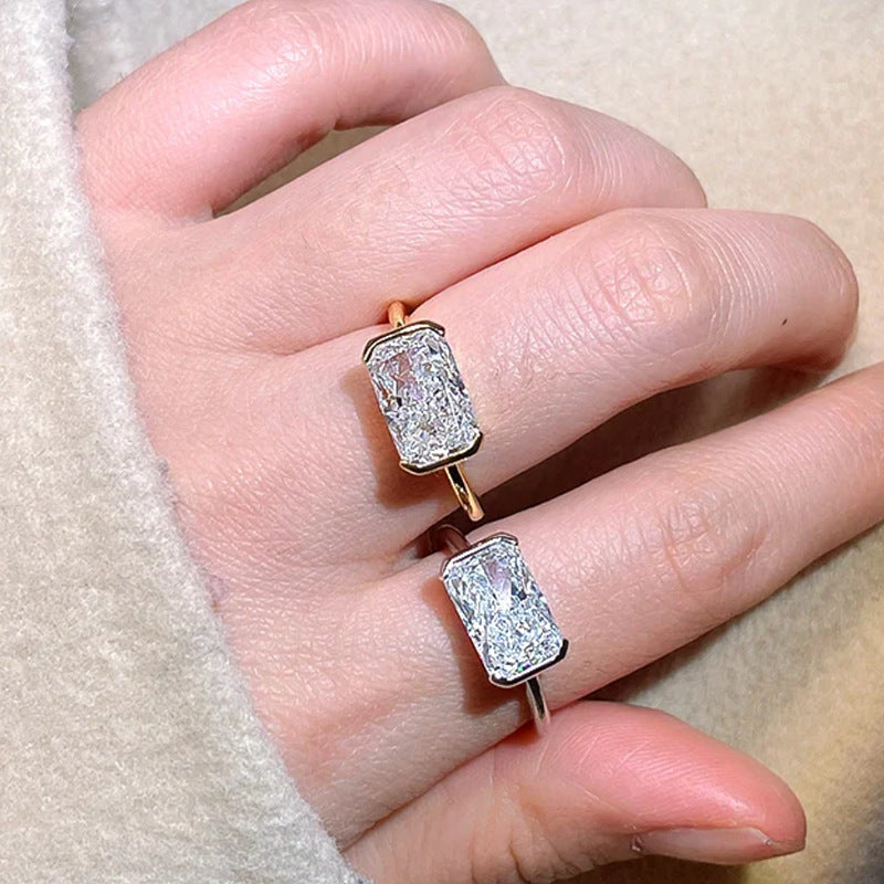 Radiant Cut Half Bezel Solitaire Ring, Gold Silver Minimalist Engagement Ring For Women