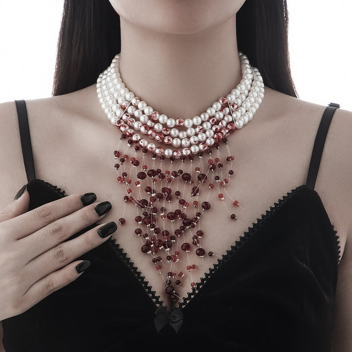 Gothic Pearl Necklace – Halloween Blood Drop Crystal Tassel Choker