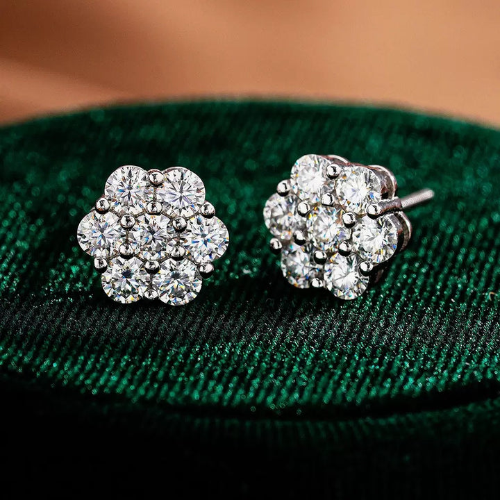 Round Flower Cluster Paved Diamond Stud Earrings, 7 Stones Floral Full Diamond Earrings, Gold Silver Rose Gold Three Tones Available