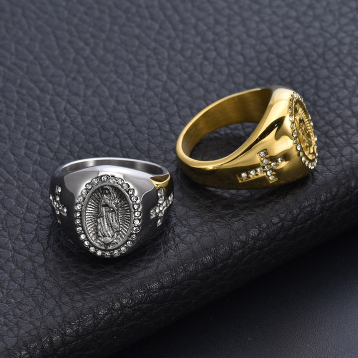 Our Lady of Guadalupe Diamond Oval Signet Ring, S925 Silver Gold & Silver Tone Catholic Prayer Wide Band