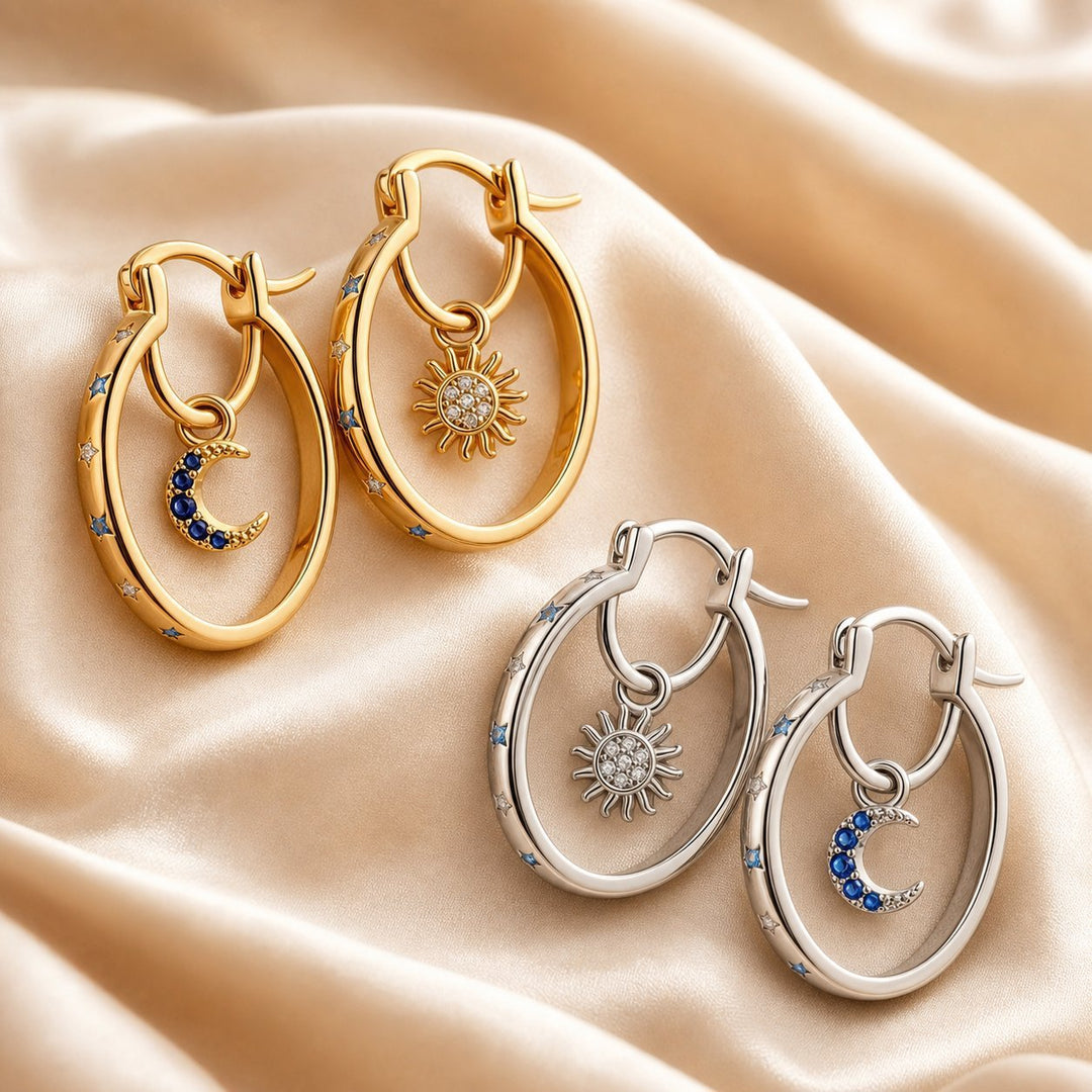 Sun & Moon Asymmetric Hoop Earrings, Celestial Star Paved Diamond Click Hoops Gold & Silver Dreamy Sky Jewelry