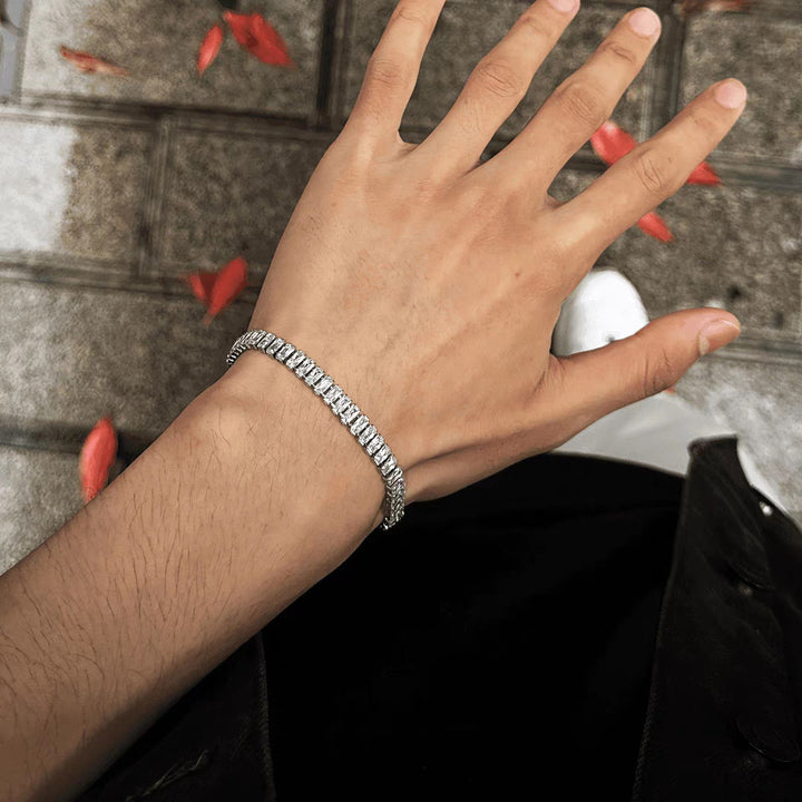 Baguette Cut Thin Tennis Bracelet, Gold & Silver / Rainbow Multi-Color Diamond Dainty Stackable Wrist Band