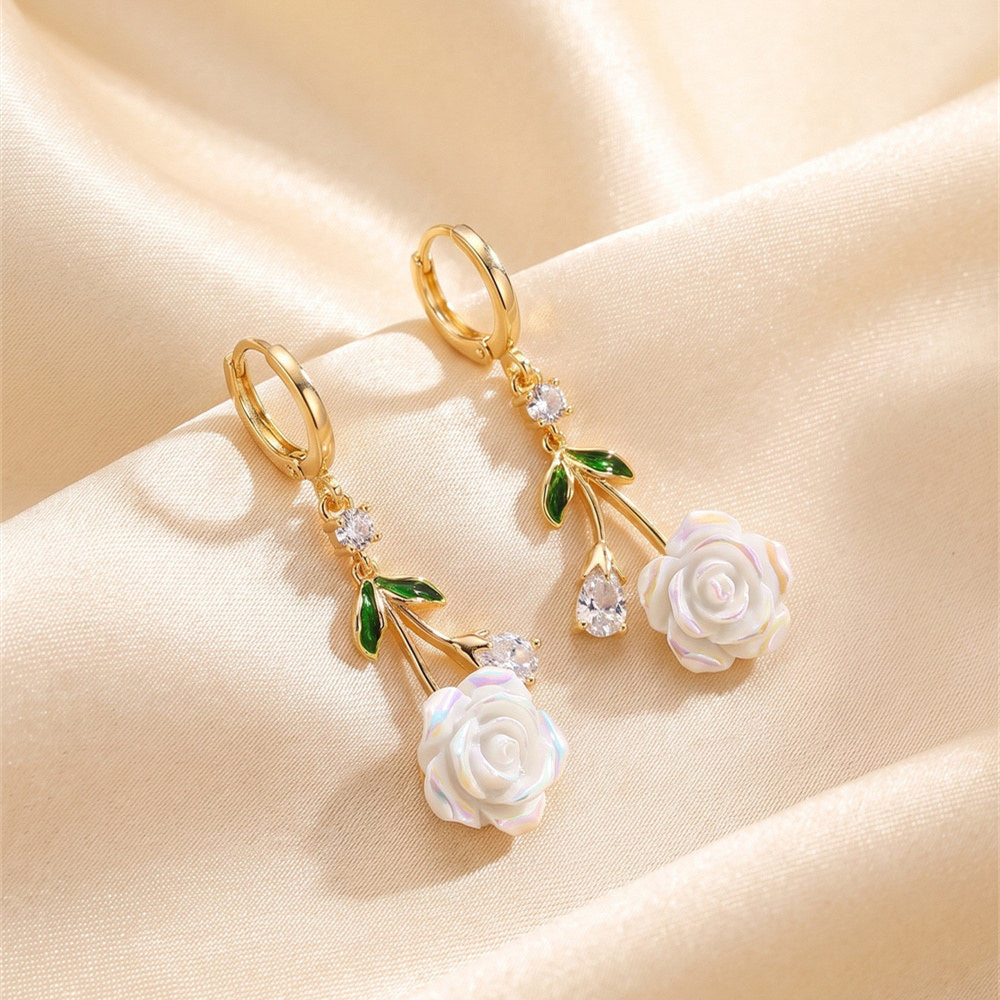 Iridescent White Rose Drop Huggie Earrings, French Fresh Green Leaf Diamond S925 Silver Long Earrings