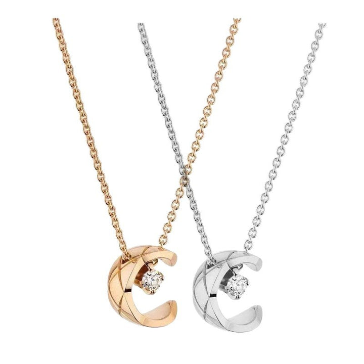 Quilted Crescent Single Diamond Collarbone Chain, S925 Silver Luxury Half-Moon Pendant Necklace, Gold & Silver Two Tones