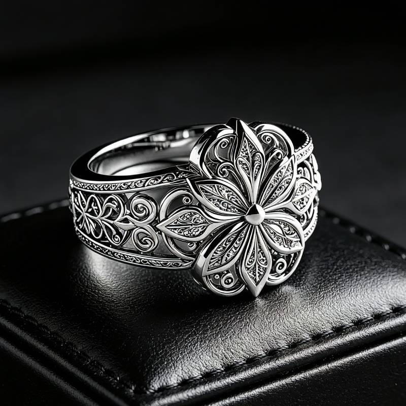 Vintage Hollow Eight-Petal Flower Wide Band Ring, Gold & Silver European Palace Plain Carved Heavy Craft  Ring