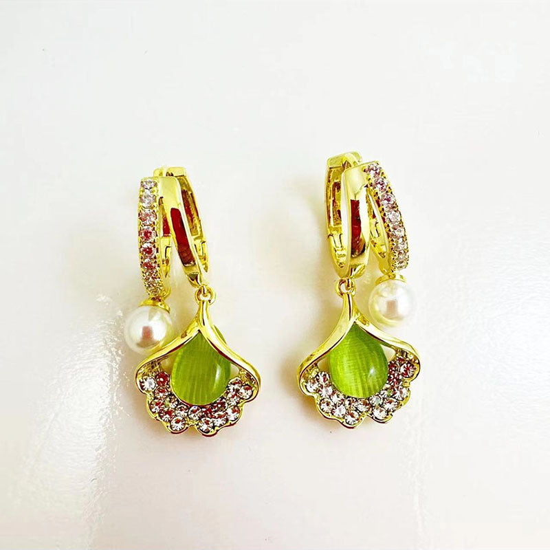 18K Gold Ginkgo Leaf Earrings - Elegant Studs for Office Wear, Luxury High-End Feminine Design