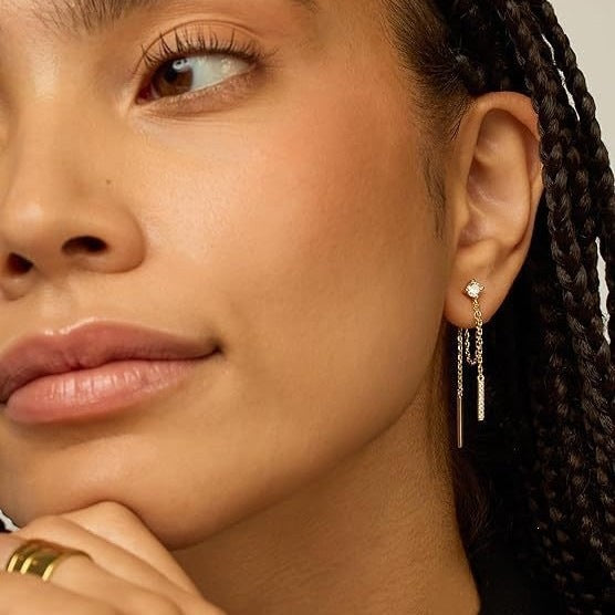 Double Chain Bar Tassel S925 Silver Stud Earrings, Minimal Long Drop Earrings Available in Gold & Silver Tone