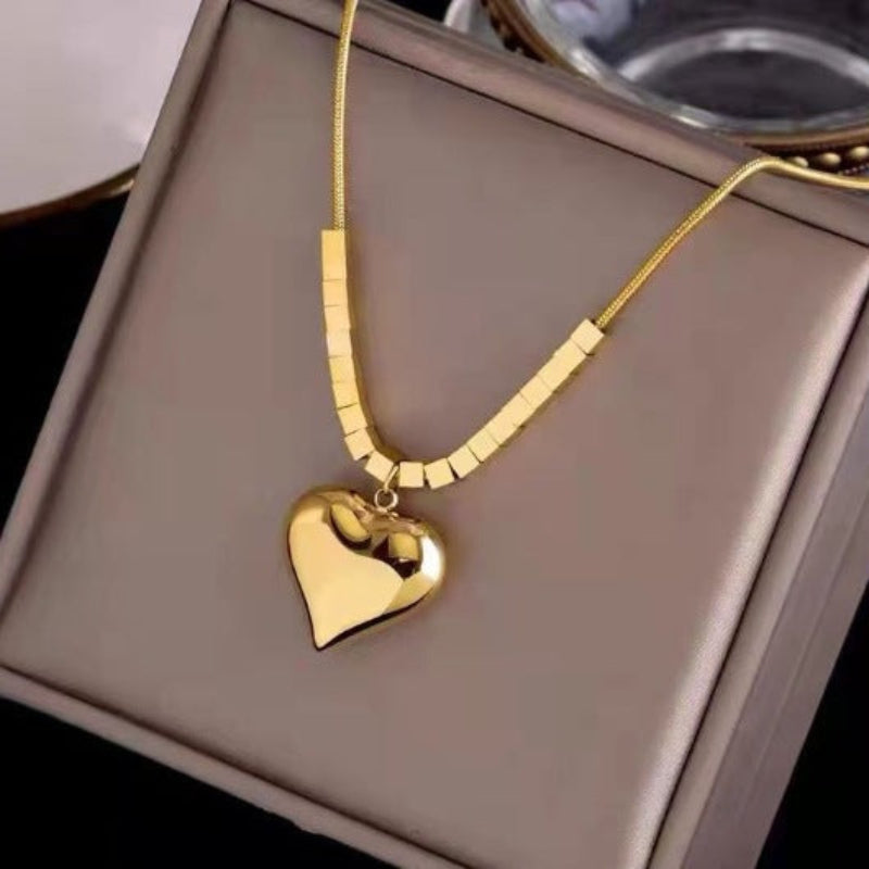Polished 3D Heart S925 Silver Gold‑Plated Necklace