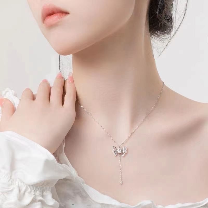 Hollow Butterfly Tassel Pendant Necklace, Pink & Clear Diamond Options, Luxury Girly Butterfly Collarbone Necklace