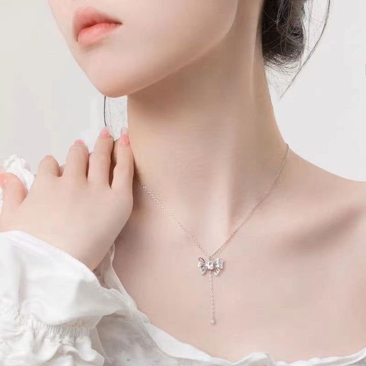Hollow Butterfly Tassel Pendant Necklace, Pink & Clear Diamond Options, Luxury Girly Butterfly Collarbone Necklace